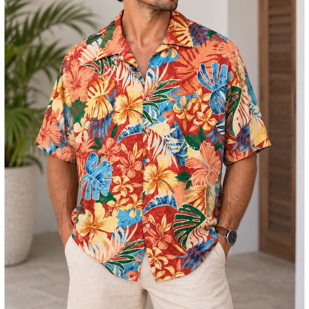 Burma Bibas 100% Silk Hawaiian Shirt Men’s L Tropical Floral Aloha